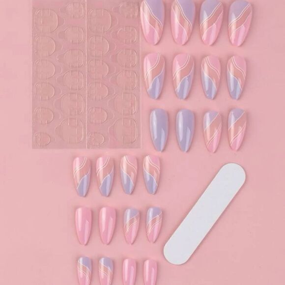 24 pcs Acrylic Long Almond Press On Nail Set Reusable - Picture 7 of 9